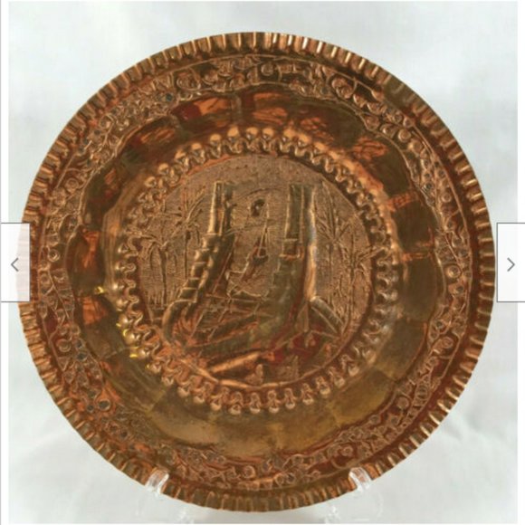 Copper Repousse Decorative Plate Camel Desert Scene Moulded Etch Design Set of 2 - Picture 3 of 3